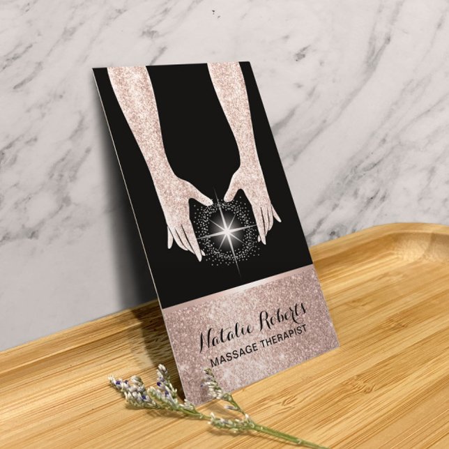 Cartão De Visita Massage Therapy Reiki Spa Rosa Dourado Healing Mão (Criador carregado)