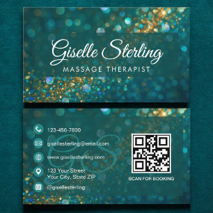 Cartão De Visita Massagem Terapêutica Teal Dourada Glitter Opal Cód