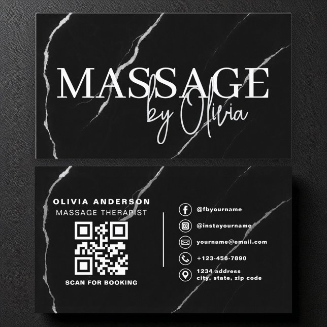 Cartão De Visita Massagem Terapista QR Código Silver Black Marble (Criador carregado)