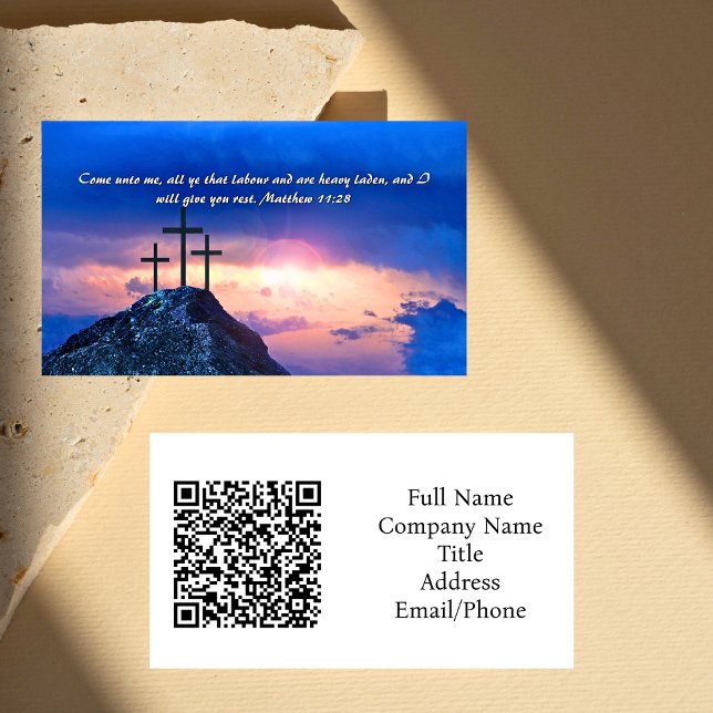 Cartão De Visita Matthew 11:28 Três Cruzes Código QR Sunset (Matthew 11:28 Three Crosses Sunset QR code Business Card)