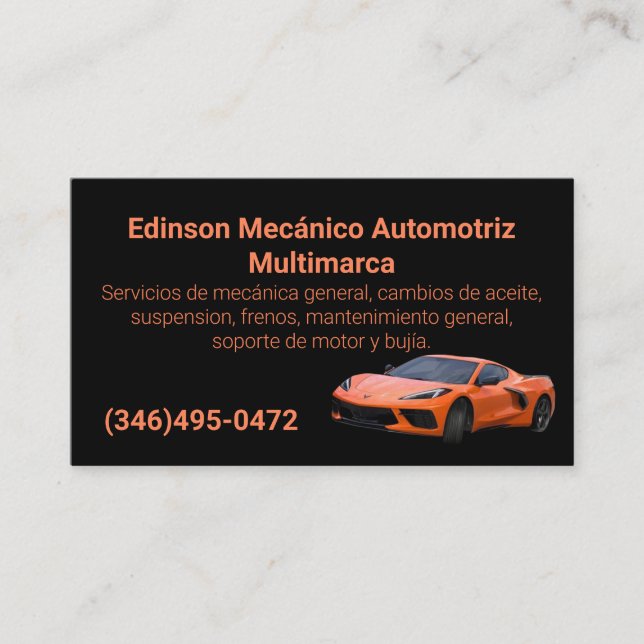 Cartão De Visita Mecánico Automotriz Naranjo Negro (Frente)