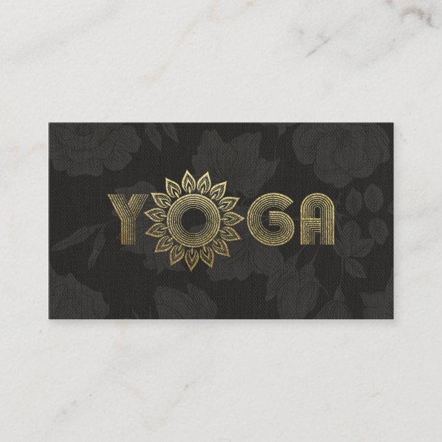 Cartão De Visita Mediação Dourada de Yoga Preta Mandala Floral Line (Frente)