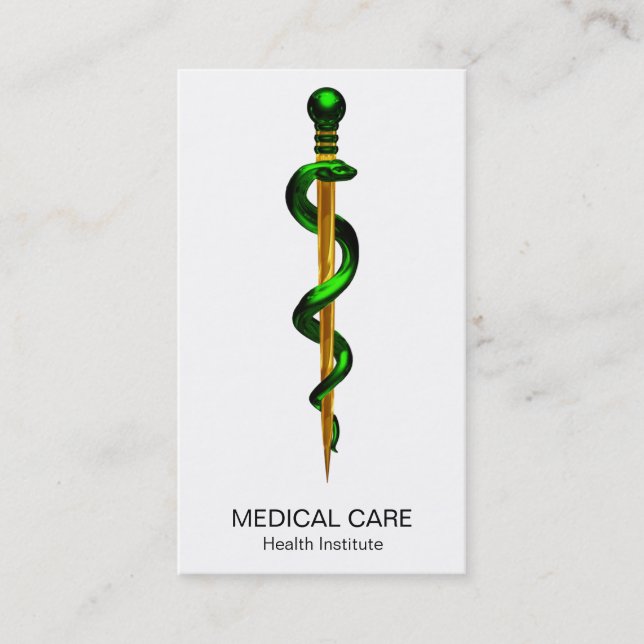 Cartão De Visita Médica Dourada de Asclepius Verde-Herbal (Frente)
