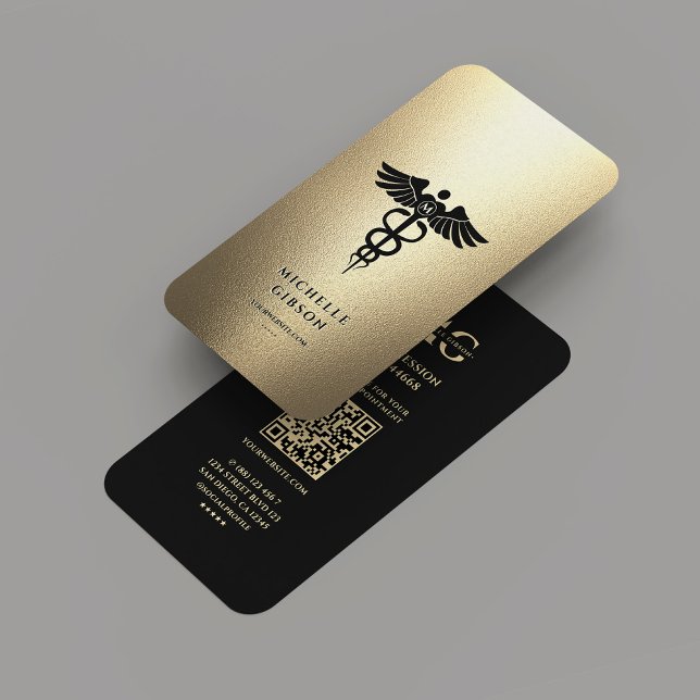 Cartão De Visita Medicina Dourada de Caduco Elegante Monograma Pret (Elegant Monogram Black Gold Caduceus Medical Business Card
)