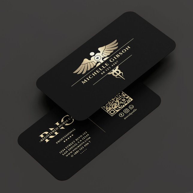 Cartão De Visita Médico Enfermeiro Caduceus Elegante Dourado (Nurse Medical Doctor Caduceus Elegant Black Gold Business Card
)