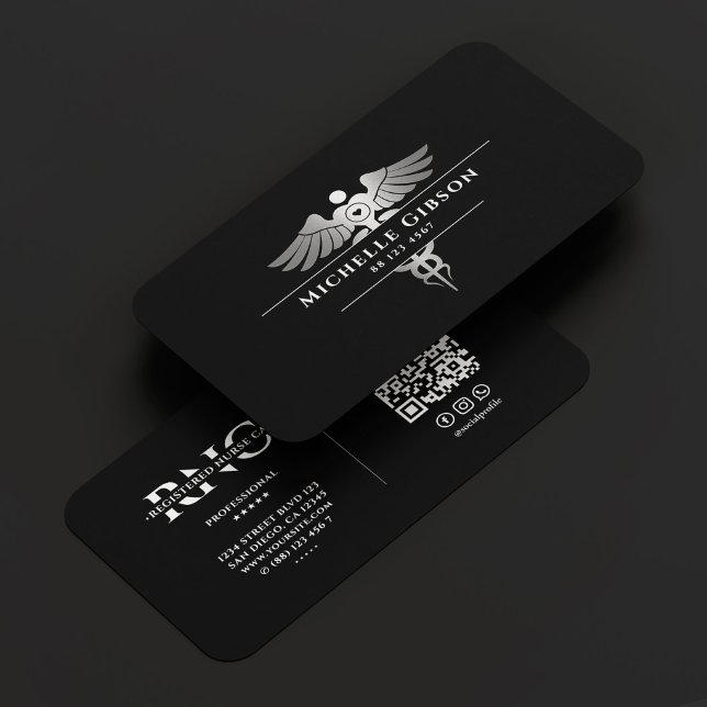 Cartão De Visita Médico Médico Enfermeiro Negra Elegante Caduco (Medical Doctor Nurse Elegant Black Silver Caduceus Business Card
)