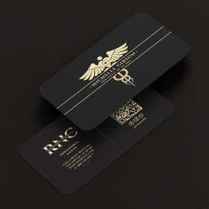 Cartão De Visita Médico moderno Monograma Caduceus Preto Dourado