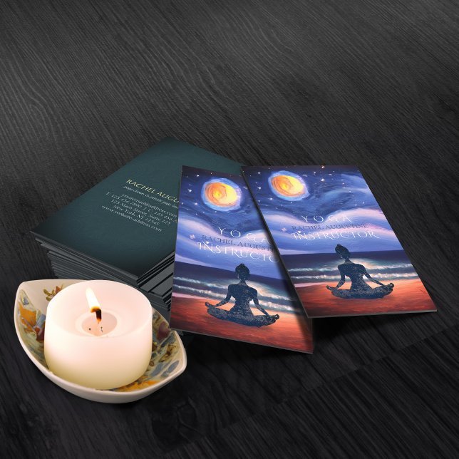 Cartão De Visita Meditação de Yoga Pacífico Luar Céu Praia Oceano (Criador carregado)