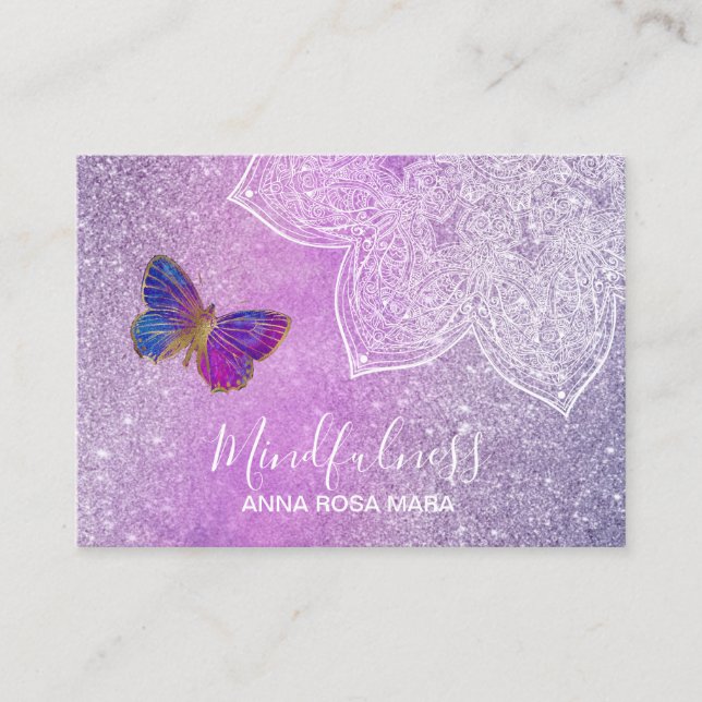 Cartão De Visita *~* Meditação Reiki Mandala Butterfly Glitter (Frente)