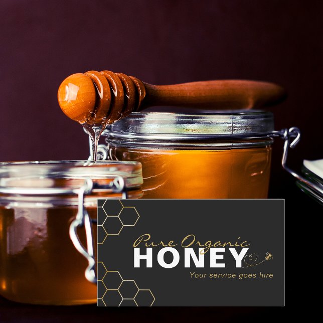 Cartão De Visita Mel Moderno Abelhas Douradas Preto (Modern Honey Bees Gold Honeycomb Black Business Card)