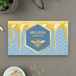 Cartão De Visita Melpingando Mel Azul Dourado Favo de Mel Abelha