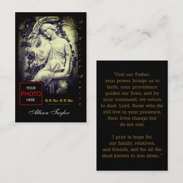 Cartão De Visita Memorial, Photo Funeral Prayer Card com Angel (Frente/Verso)