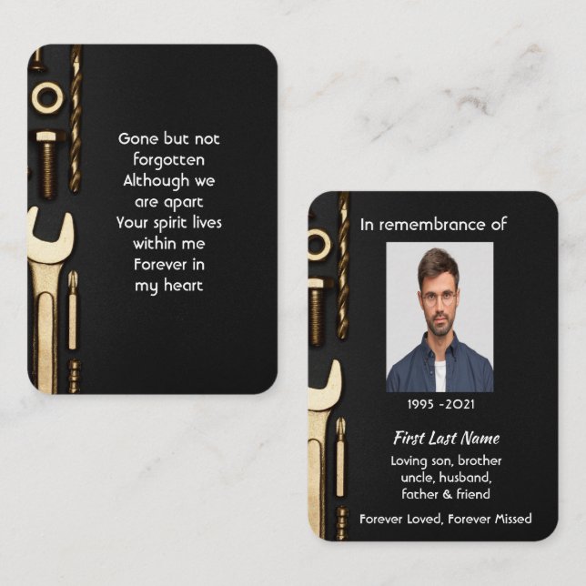 Cartão De Visita Memorial Photo Prayer Tools Mechanic (Frente/Verso)