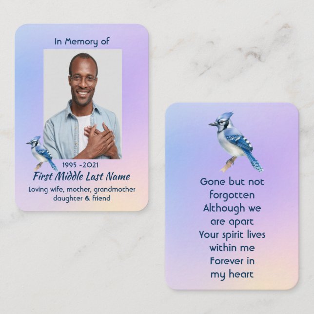 Cartão De Visita Memorial Photo Prayer Watercolor Bluejay  (Frente/Verso)