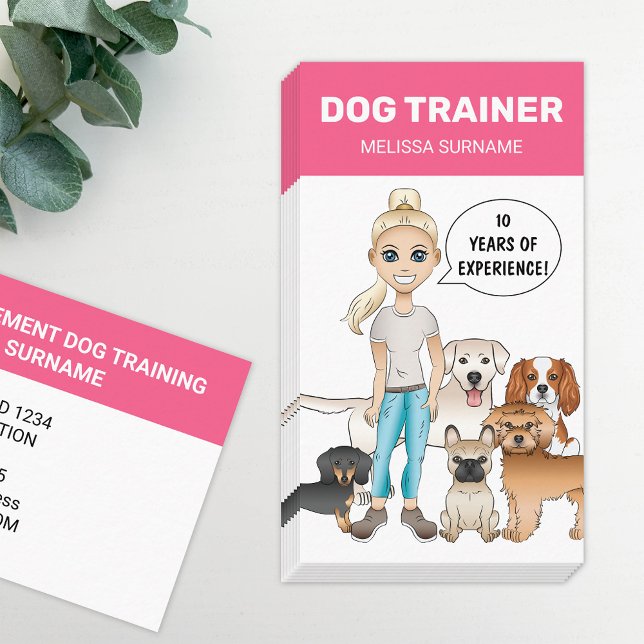 Cartão De Visita Menina Loira E Cães Formadores Personalizáveis De  (Cute, girly and fun business card design for people working in dog related jobs.)