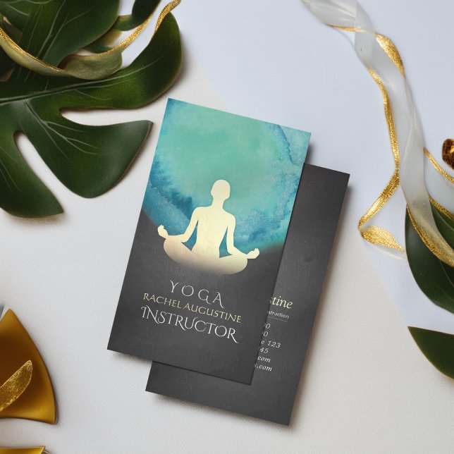 Cartão De Visita Mensagem Dourada de Meditação Teal Black, Instruto (Criador carregado)