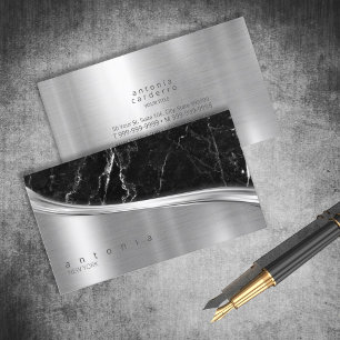 Cartão De Visita Metal and Glitter Marble Wave Blk Silver ID808