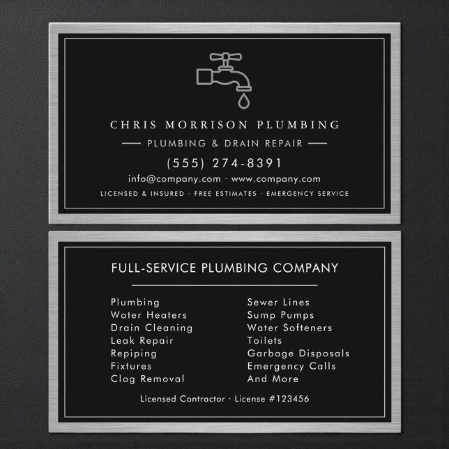 Cartão De Visita Metallic Plumbing Services Plumber Black Silver  (Criador carregado)