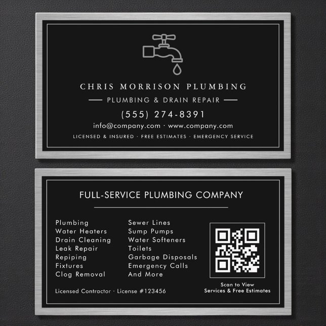 Cartão De Visita Metallic QR Code Plumbing Services Black Silver  (Criador carregado)