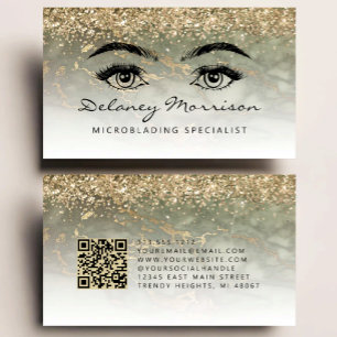 Cartão De Visita Microblading Código QR Olho de Mármore Dourado Ver