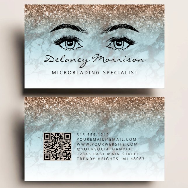 Cartão De Visita Microblading Código QR Olhos de Mármore Bronze Tur (Criador carregado)