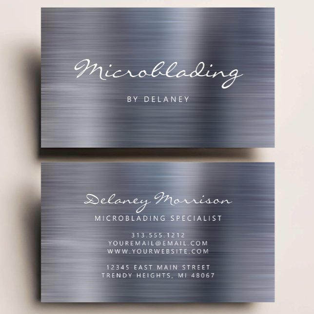 Cartão De Visita Microblading com Script de Metal Escovado Prateado (Criador carregado)