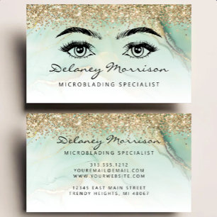 Cartão De Visita Microblading Glitter Dourado Mármore Verde Glamour