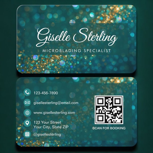 Cartão De Visita Microblading Green Gold QR Code Professional (Criador carregado)