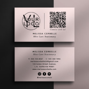 Cartão De Visita Mídia Social, Código Qr e Logotipo Rosa Simples