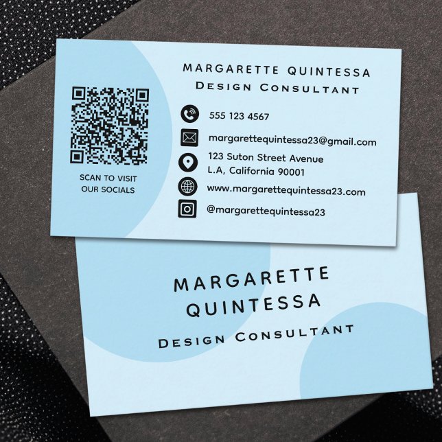 Cartão De Visita Mídia social com Código QR Azul Pastel Simples (Criador carregado)