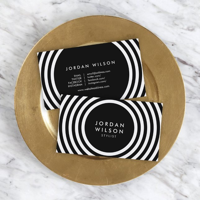 Cartão De Visita Mídia social com linhas redondas negras e brancas  (Criador carregado)