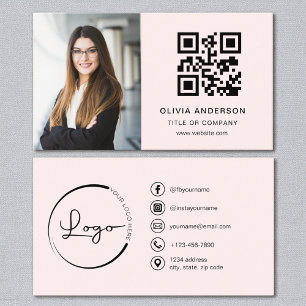 Cartão De Visita Mídia Social de Código QR de Foto Rosa-Blush