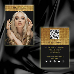 Cartão De Visita Mídia social de código QR de Fotógrafo Dourado Pre