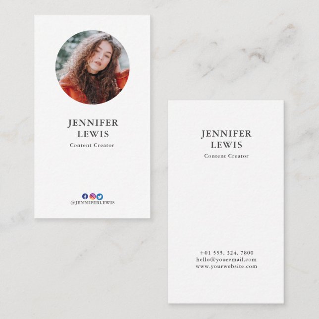 Cartão De Visita Mídia Social de Fotos Branca e Blush Moderno (Frente/Verso)