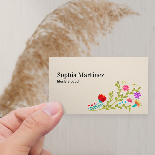 Cartão De Visita Mídia social neutra do Buquê Floral bonito Fiesta (Horizontal Business Card with fiesta floral bouquet)