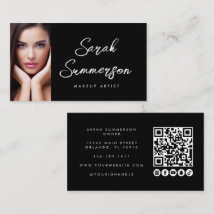 Cartão De Visita Mídia Social QR Foto Maquiagem Preto Branco