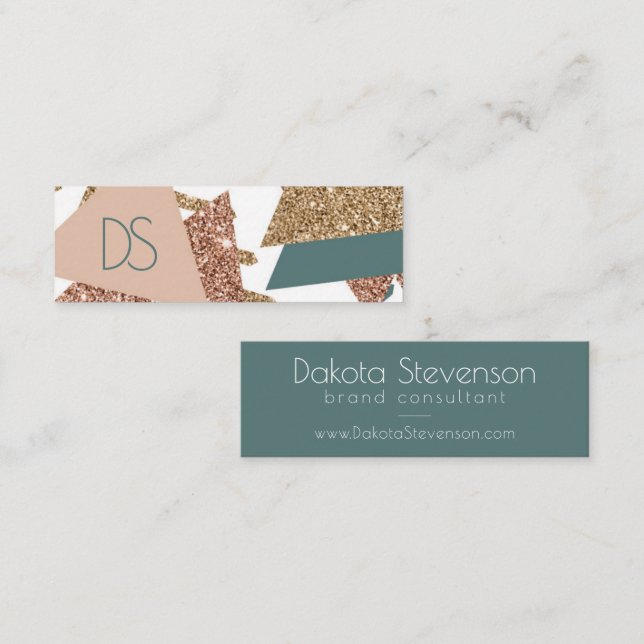 Cartão De Visita Mini abstrato retroativo 80s | Monograma verde e Dourad (Frente/Verso)