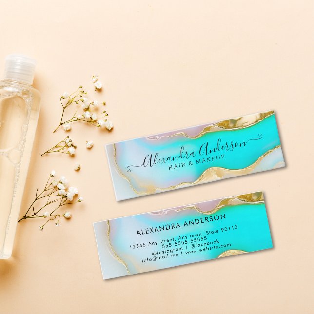 Cartão De Visita Mini Acentos Dourados Azuis Elegantes Agate Marble Opal (Elegant Blue Gold Accents Agate Marble Opal Mini Business Card)