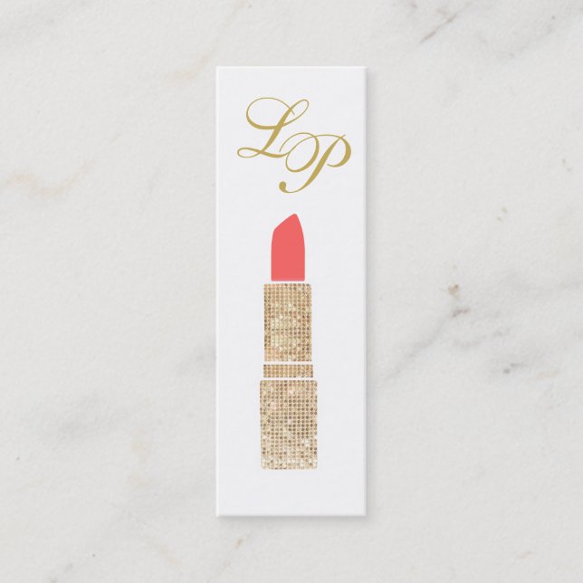 Cartão De Visita Mini Artista Monograma Dourado Sequin Lipstick Makeup (Frente)