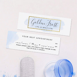 Cartão De Visita Mini Azul Pastel e Dourado Elegante Compromisso Aquarel