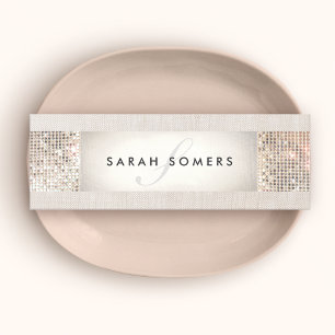 Cartão De Visita Mini Beige Striped Elegante, Monograma de Sequência Sil