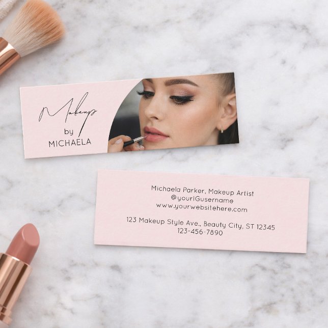Cartão De Visita Mini Blush Pink Black Script Photo Makeup (Criador carregado)