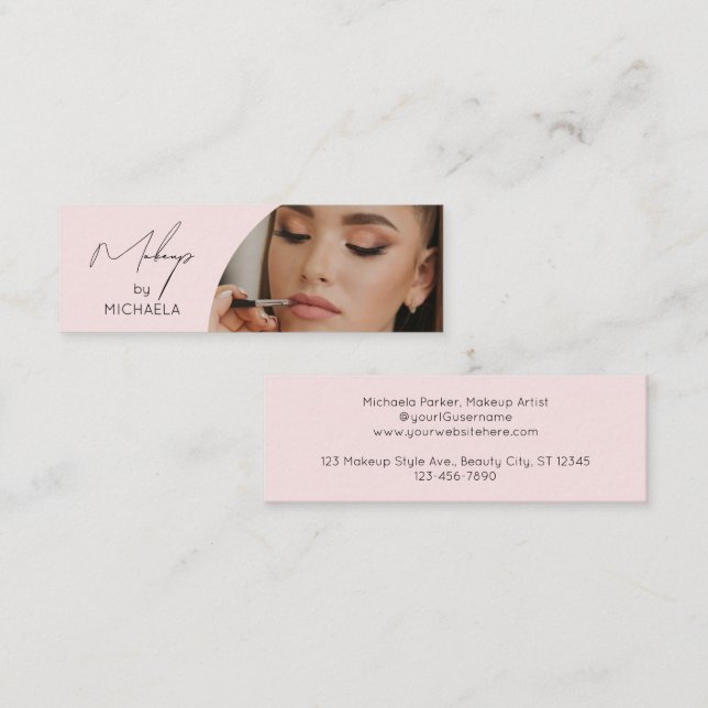 Cartão De Visita Mini Blush Pink Black Script Photo Makeup Modern (Frente/Verso)