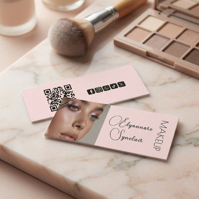 Cartão De Visita Mini Blush Pink Black Script Photo Makeup QR Social (Criador carregado)