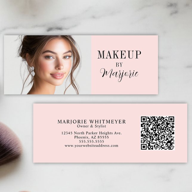 Cartão De Visita Mini Blush Pink Black Script Photo QR Code Makeup (modern black blush pink script photo qr code makeup mini business card elegant)