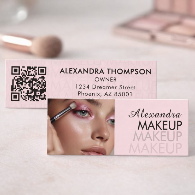 Cartão De Visita Mini Blush Rosa Preto Script Foto Maquiagem  (Criador carregado)