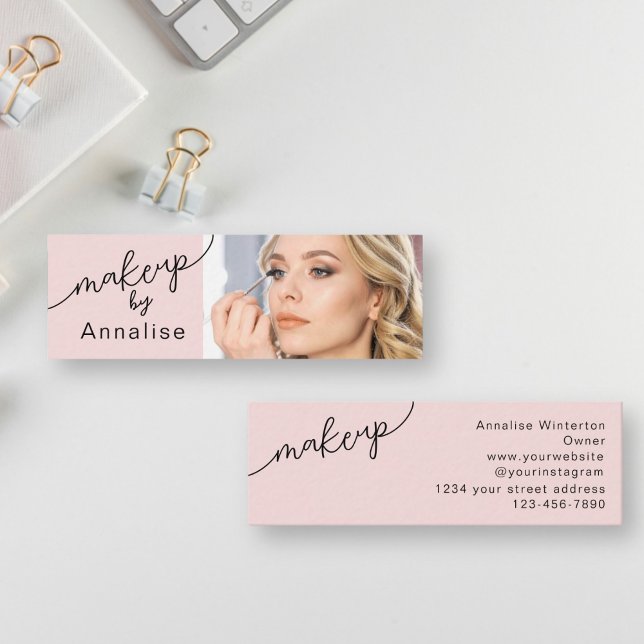 Cartão De Visita Mini Blush Rosa Preto Script Foto Maquiagem Mini (Criador carregado)