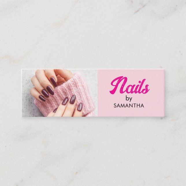 Cartão De Visita Mini Blush Rosa Preto Script Foto Unhas Mini (Frente)