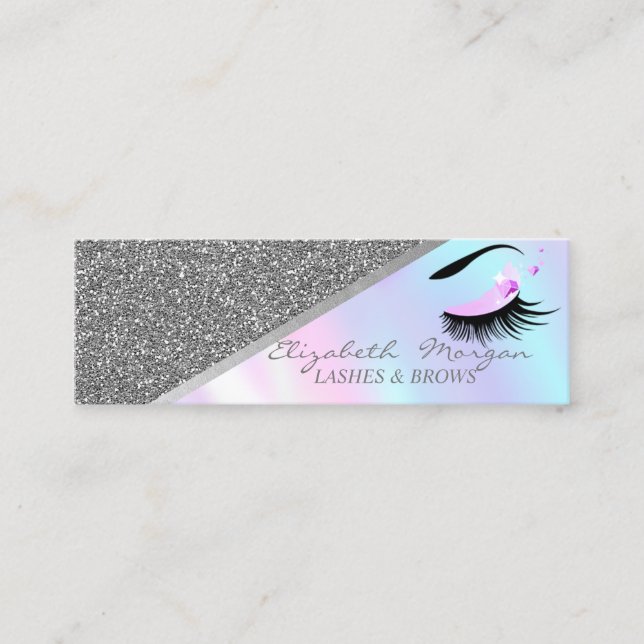 Cartão De Visita Mini Brilho Prateado Moderno, Lashes Faux Holographic (Frente)