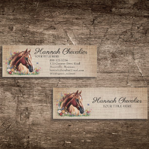 Cartão De Visita Mini burlap rustic, cavalo com equestre de flor selvage